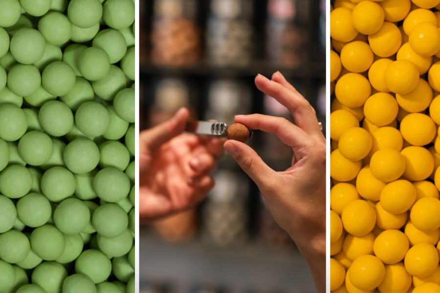 A triptych showing the artisanal world of Bülow Lakrids: vibrant green and yellow gourmet liquorice spheres flanking a central image of a hand carefully selecting a single chocolate-coated liquorice piece with silver tongs.