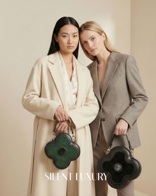Two models pose together, holding CICONIIDAE Boyciana handbags which feature a distinctive four-leaf clover shape and a central gemstone. The bags are green with a black center stone and all black with a grey center stone. The models are wearing a light-colored coat and a brown blazer, and "SILENT LUXURY" text is visible at the bottom.