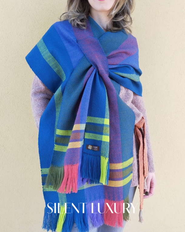 JESA handwoven scarf in blue, pink and green tones with fringed edges, model Van Gogh
