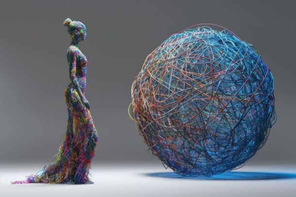 The form against the chaos. A figure woven into shape; a sphere of discarded threads beside her. The Couture Régénérative architecture in one image. | Photo: Magnific