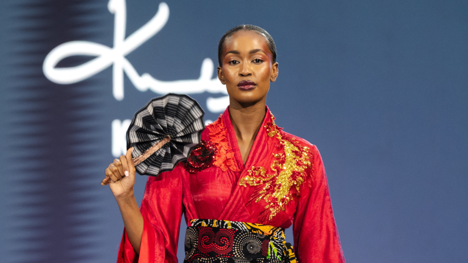 John Kaveke walks the eighth season at Sarit Expo Centre, where Japanese tailoring meets Samburu cultural reference under Brian Kihindas's editorial title Decarbonize. — Photography: Jenkins Kuyoh
