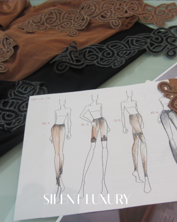 Filifolli design sketches with fabric samples and lace trims for the Lake Como Collection