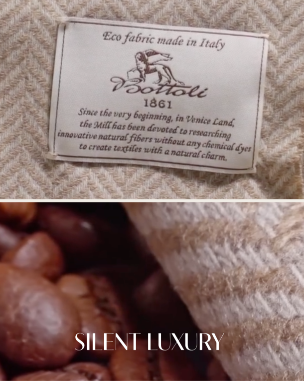 Lanificio Bottoli coffee dyed wool fabric with Bottoli label and coffee beans