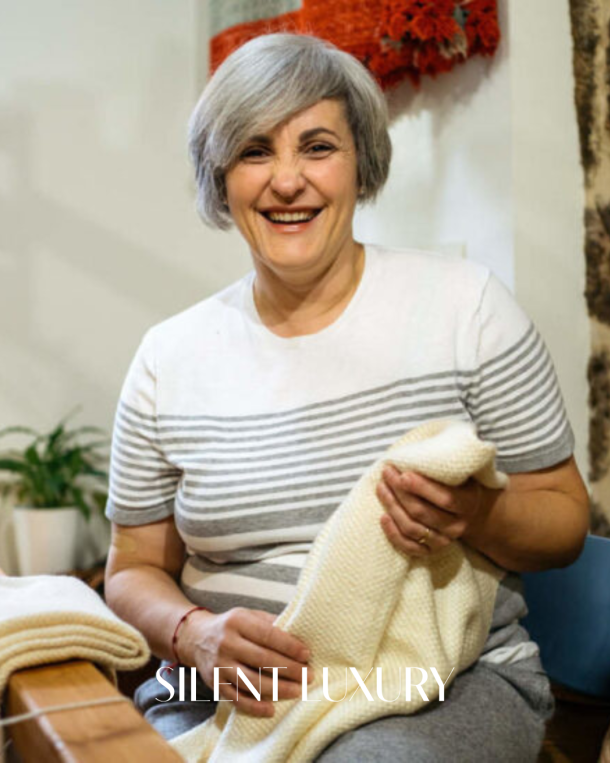 Inés Rodríguez holding D-Leite, her textile product made from milk fibre and Merino wool