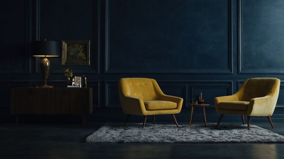 The Architecture of Stillness: Two iconic yellow armchairs set against a deep monolithic wall, translating the philosophical core of Silent Luxury and Well Living into spatial gravity.