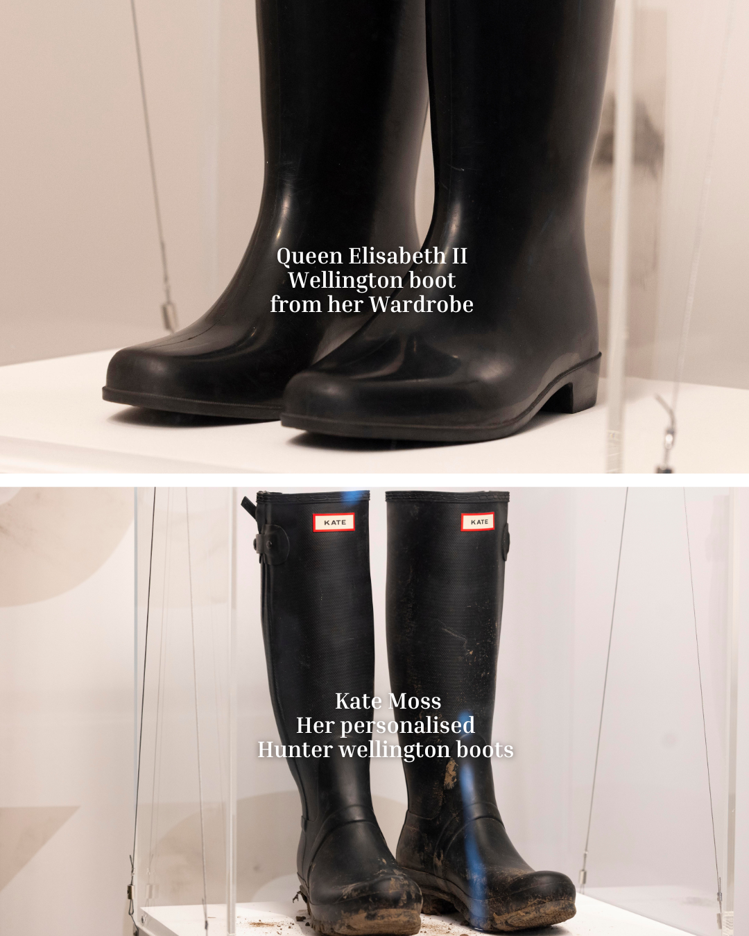 A side-by-side display of Queen Elizabeth II’s pristine, polished Wellington boot and Kate Moss’s mud-splattered, weathered Hunter boot at the Barbican exhibition.