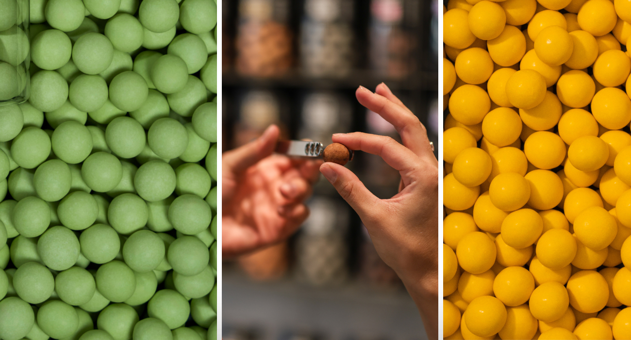 A triptych showing the artisanal world of Bülow Lakrids: vibrant green and yellow gourmet liquorice spheres flanking a central image of a hand carefully selecting a single chocolate-coated liquorice piece with silver tongs.