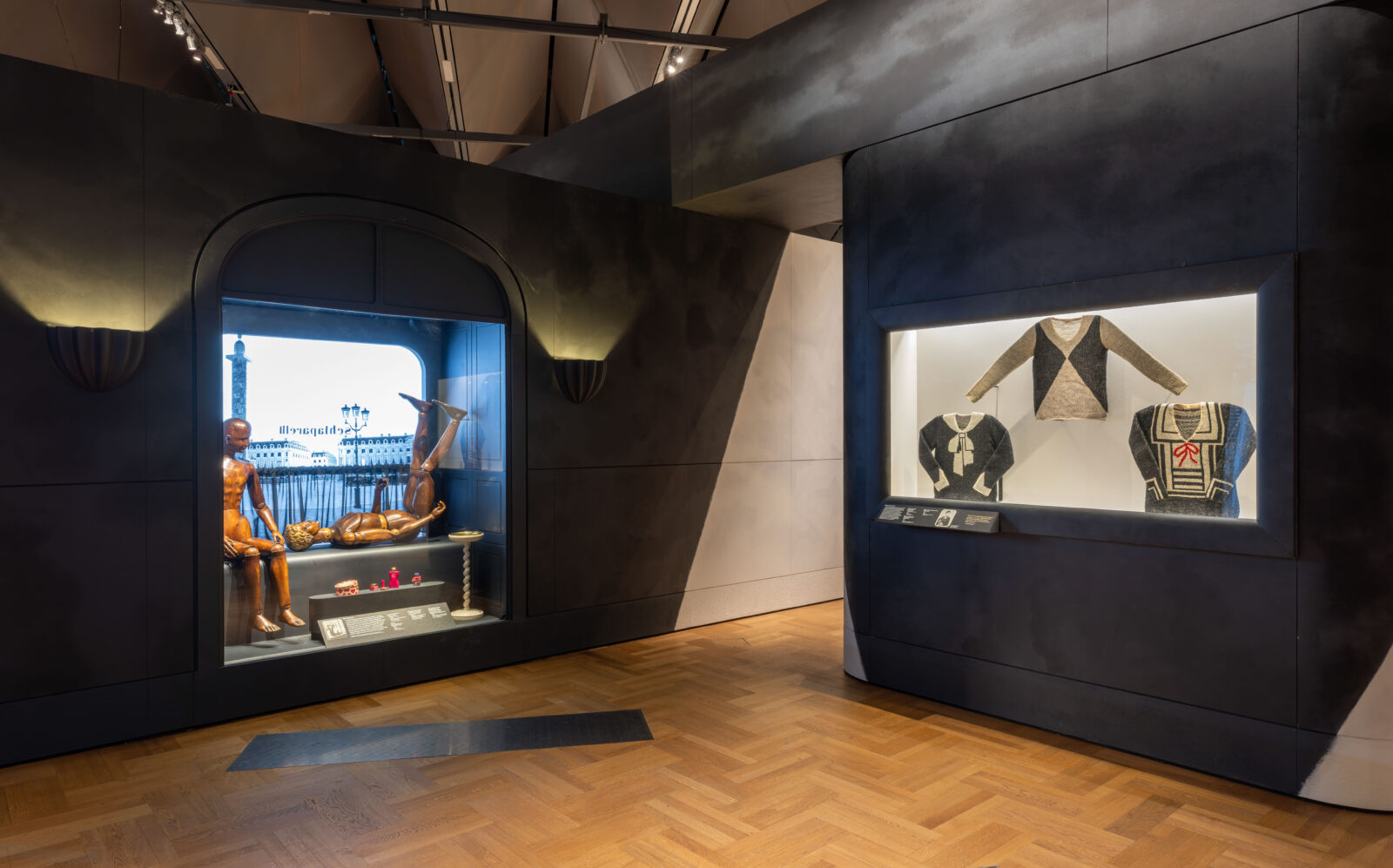 The a trompe-l’œil — knitted in a special double stitch by an Armenian craftswoman whose technique Schiaparelli had sought out and understood immediately as something conceptual: an image woven into the fabric of its own impossibility at Schiaparelli Exhibition Photography, 23rd March 2026