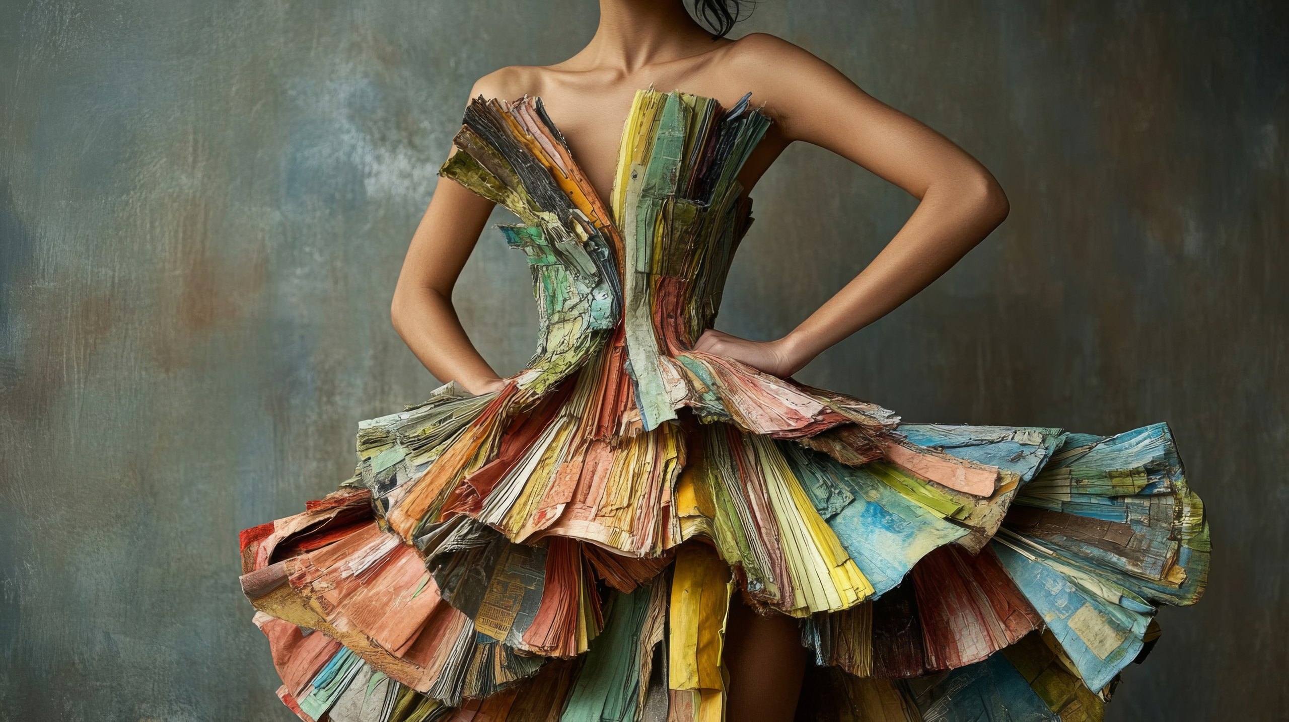 The circular economy as couture: a dress built from layered recycled paper. | Photo magnific.com