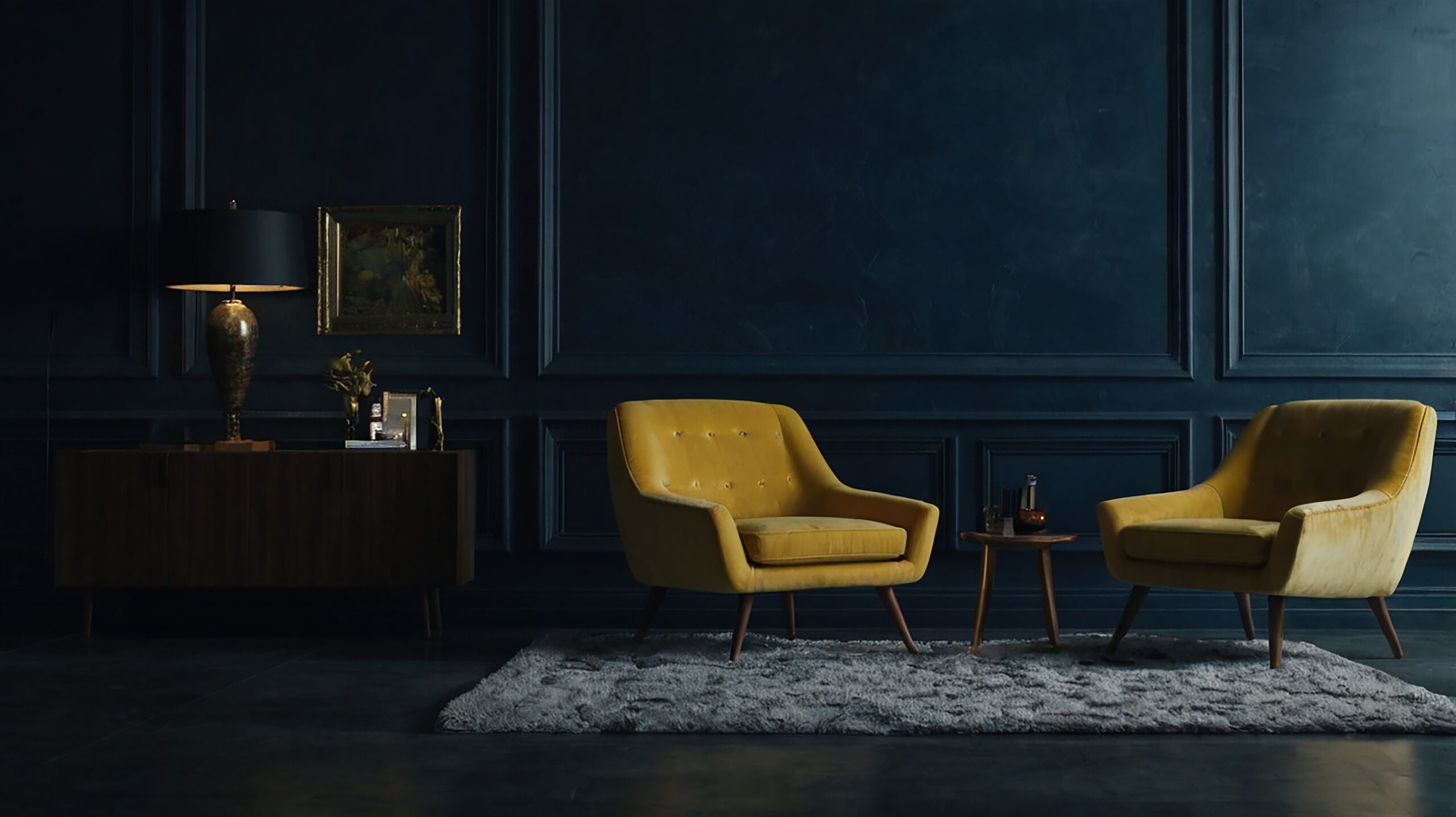 The Architecture of Stillness: Two iconic yellow armchairs set against a deep monolithic wall, translating the philosophical core of Silent Luxury and Well Living into spatial gravity.