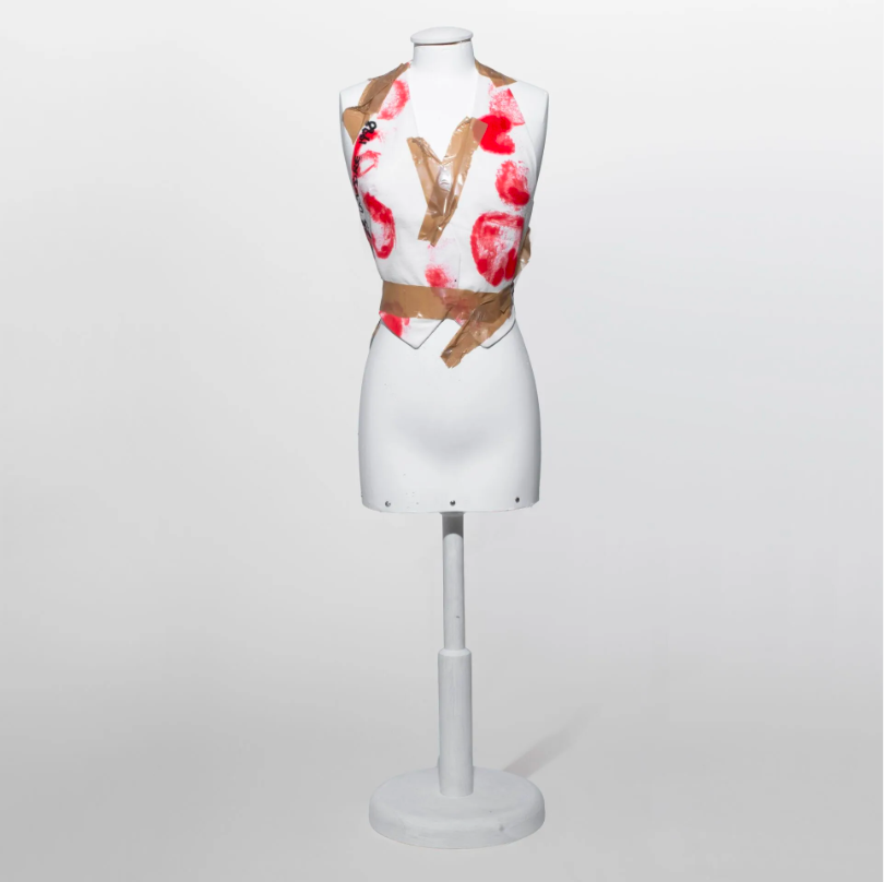 Half-scale Martin Margiela waistcoat from the El Globo collection, red Tabi sole prints on a white mannequin, lot 22