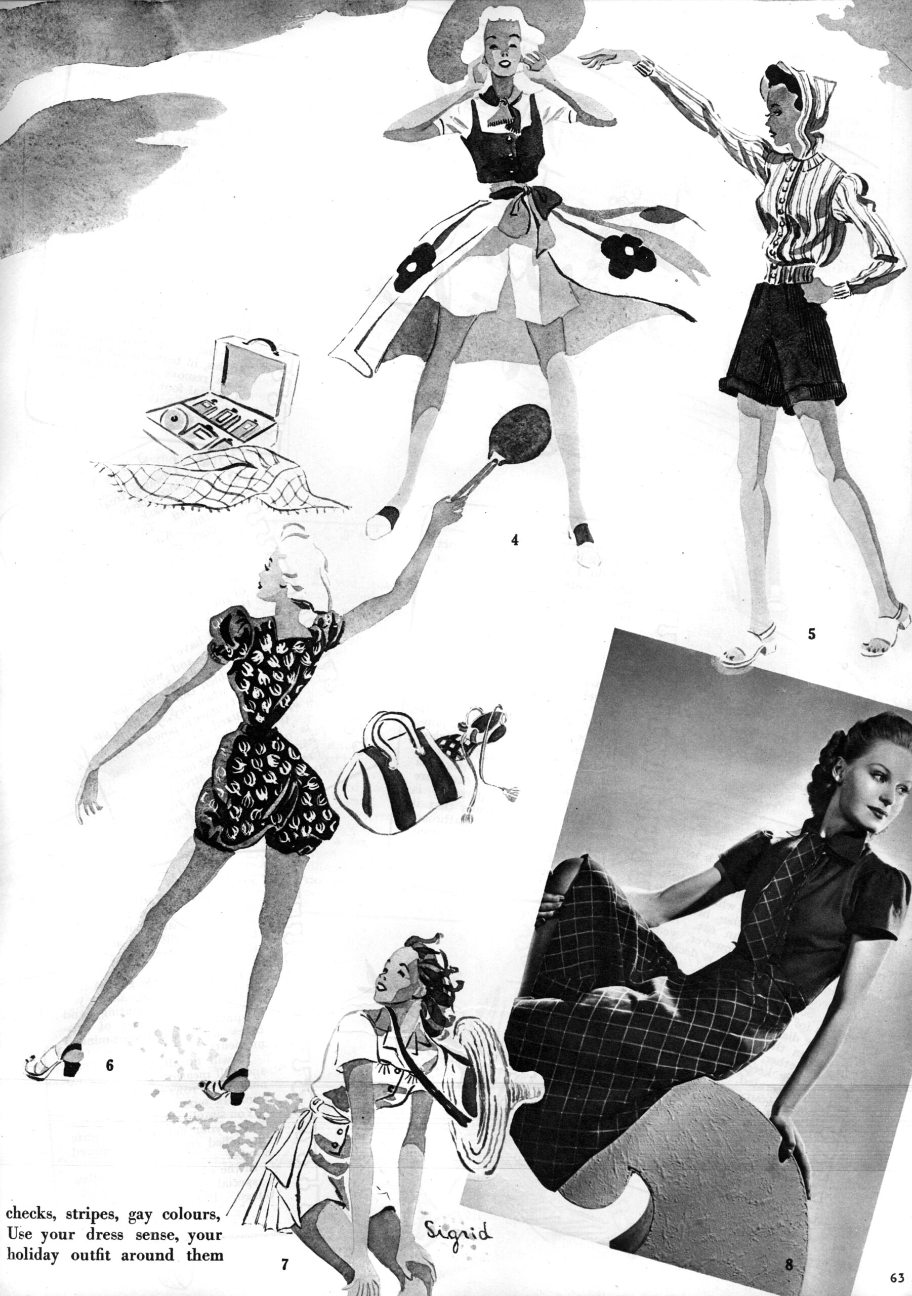 A 1939 fashion-magazine page of summer looks by Elsa Schiaparelli, including a checked culotte suit, with watercolour illustrations and a photograph.