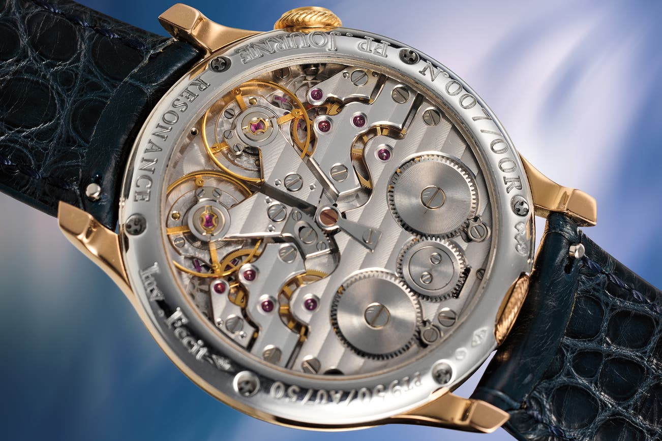 Movement of the F.P. Journe Résonance No. 007, Inv. Fecit and Resonance engraving, gilded wheels and ruby jewels against a striped Geneva finish