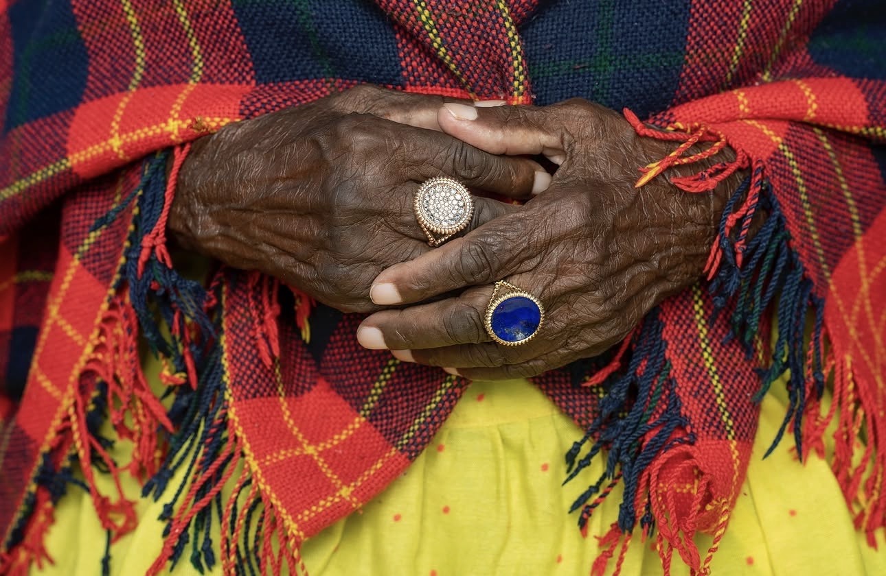 The hands that hold the knowledge. For Lulu Shabell, the greatest repositories of African design intelligence are the elders, the artisans and the communities who carry it. Rings by Lola Fenhirst. | Photo: Courtesy of Lola Fenhirst