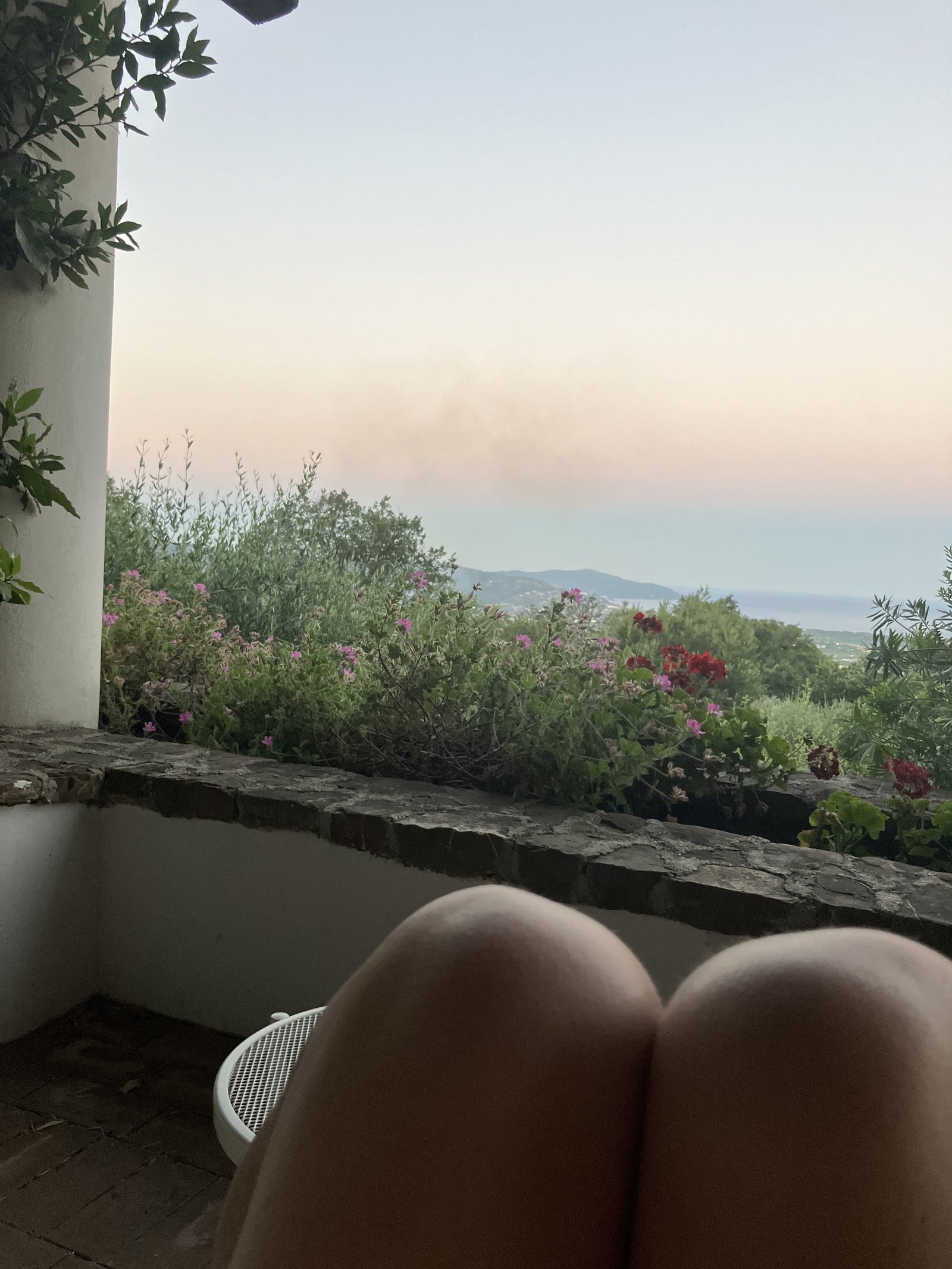 View across the Cilento plain from the terrace of Borgo La Pietraia at dusk, hills falling toward the sea.