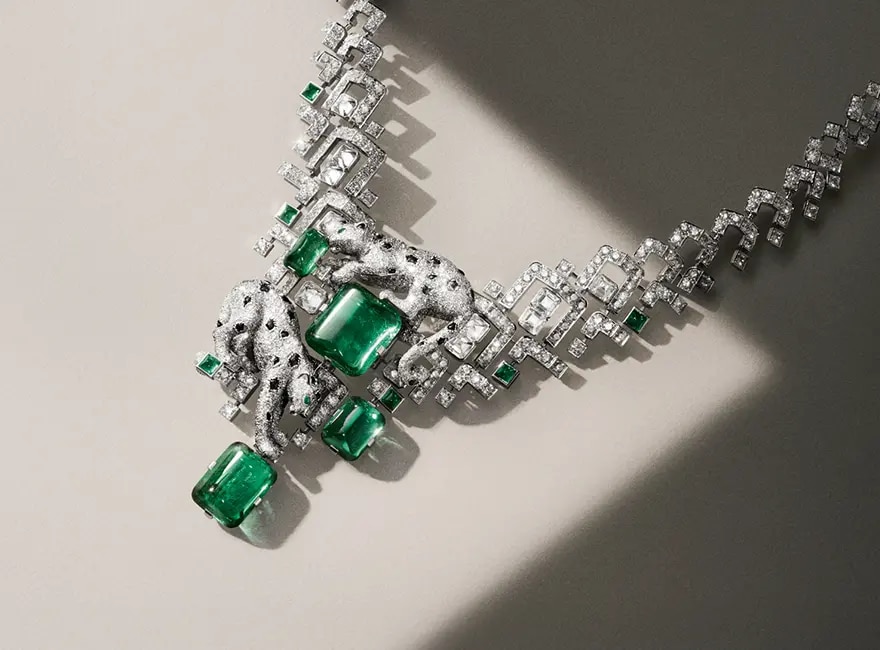 Panthère de Cartier high jewellery necklace with cabochon emeralds, pavé diamonds and onyx in white gold; Cartier's jewellery sales rose 24 percent in the quarter to 30 June 2026 while rough diamond prices fell.