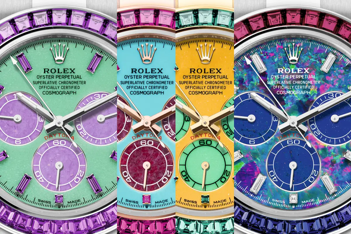 The dials of Rolex's Four Seasons Daytonas, from Spring to Winter. The four watches raised £37.3 million for charity at Phillips in London on 28 September 2026, about ten times the price Rolex first set for them. Courtesy of Rolex