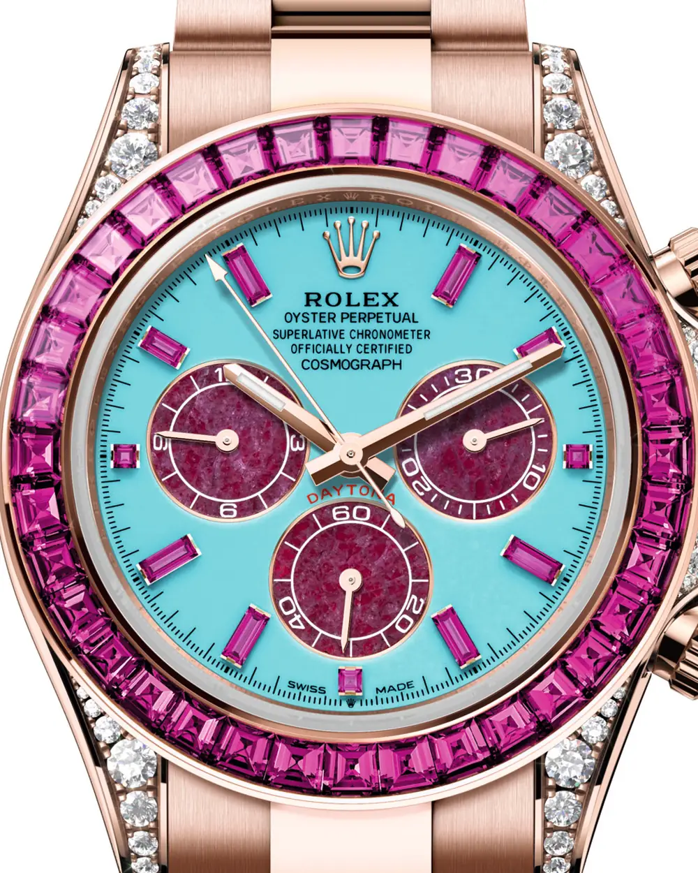 The Rolex Cosmograph Daytona Summer in Everose gold, with a turquoise dial, heart-of-ruby counters and a bezel of pink sapphires, the top lot of the Four Seasons auction.