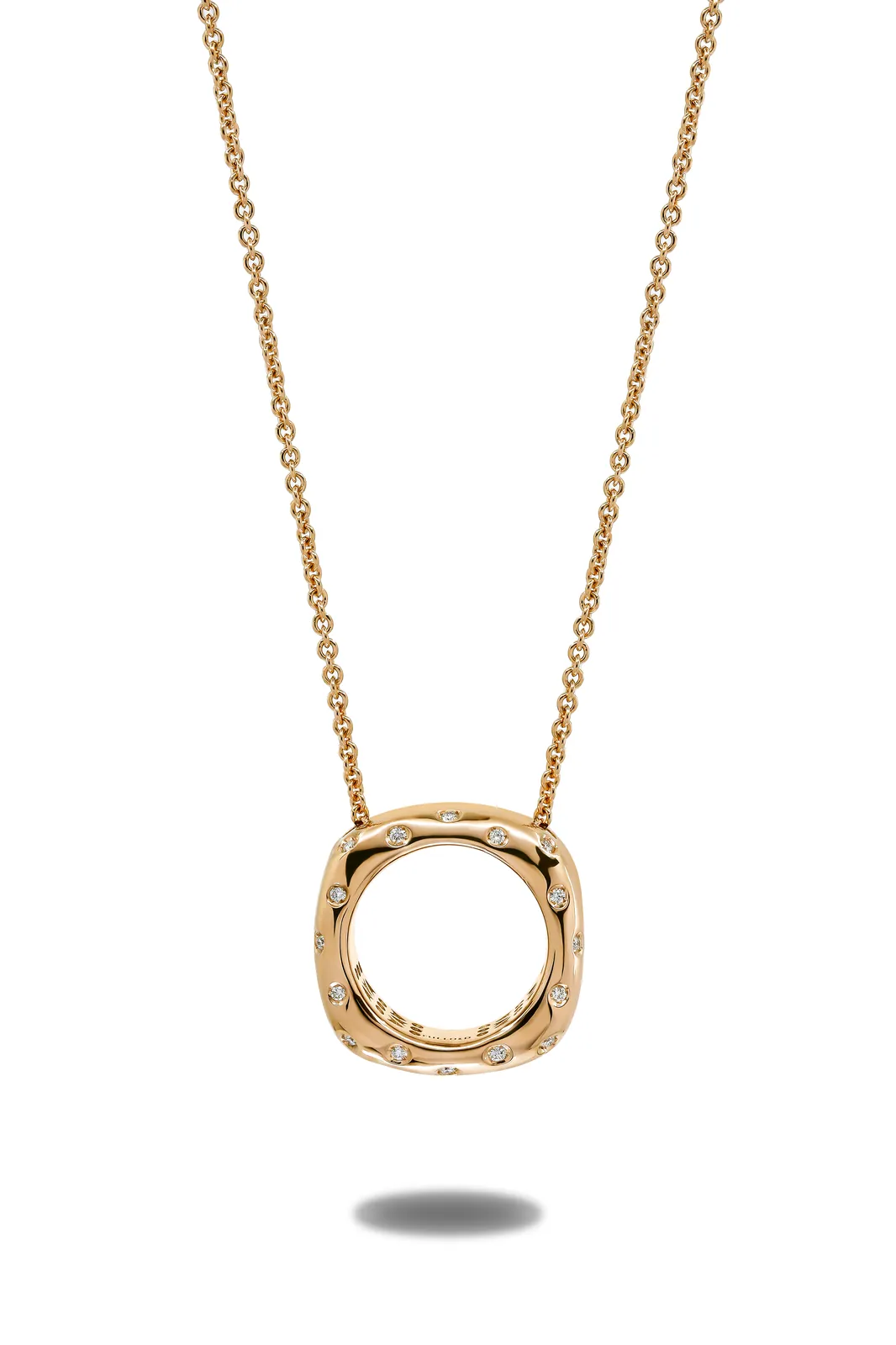 A Fullord Ghost pendant in yellow gold on a fine chain: a round opening held inside a softened square.