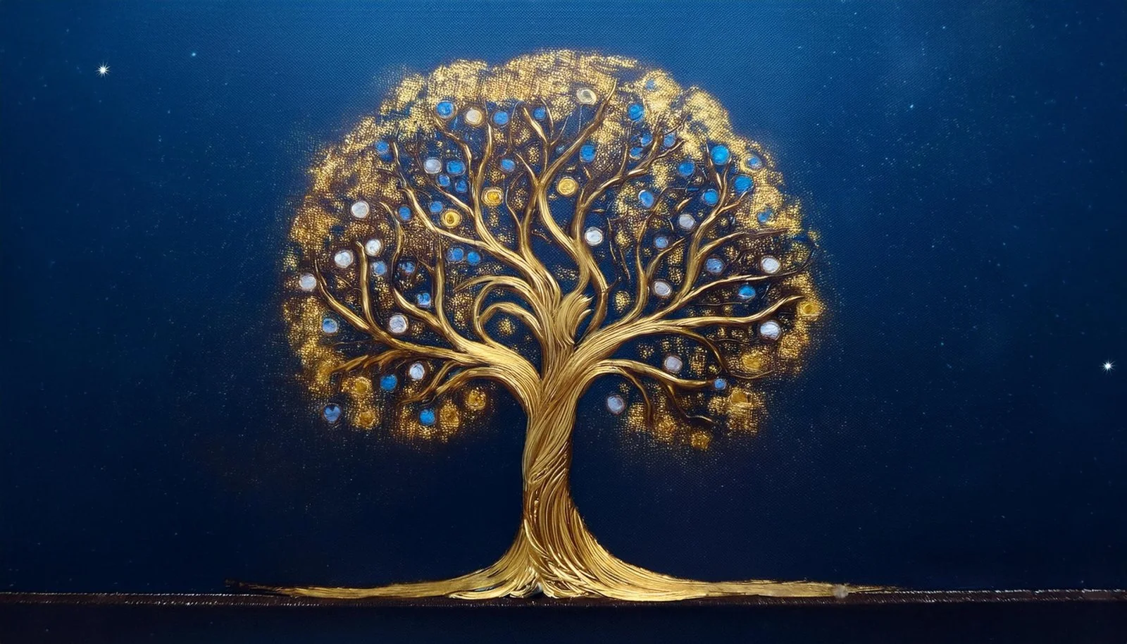 A golden tree with spreading branches and a crown of gold and blue against a night-blue ground A golden tree grows from its roots into a wide crown of gold and blue, the image for The Future of Luxury: value that grows over time and is handed on to the next generations.