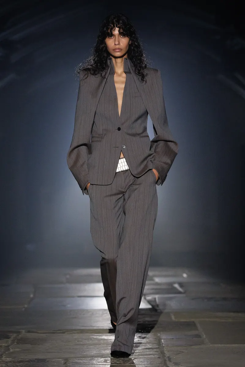 McQueen Spring/Summer 2027, London Fashion Week, 20 September 2026: pinstripe trouser suit with sculpted shoulders