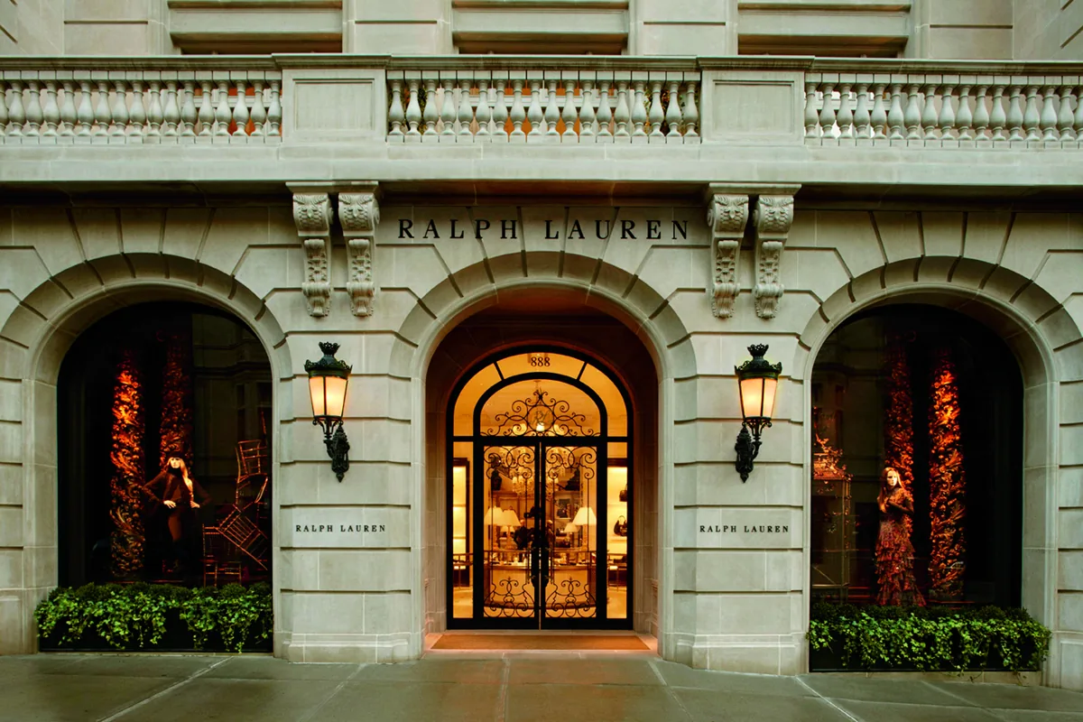The entrance of Ralph Lauren's store at 888 Madison Avenue in New York, home city of the fashion company that now ties part of its executive bonus to artificial intelligence.