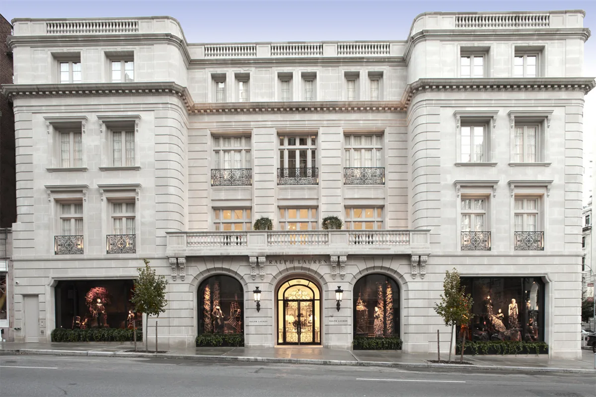 The limestone facade of Ralph Lauren's flagship at 888 Madison Avenue, New York.