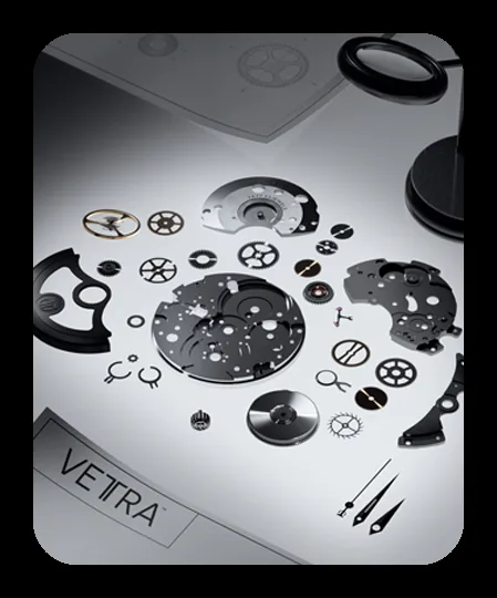 The components of Titan's Vetra automatic movement laid out on a white surface, designed and assembled in Hosur, India