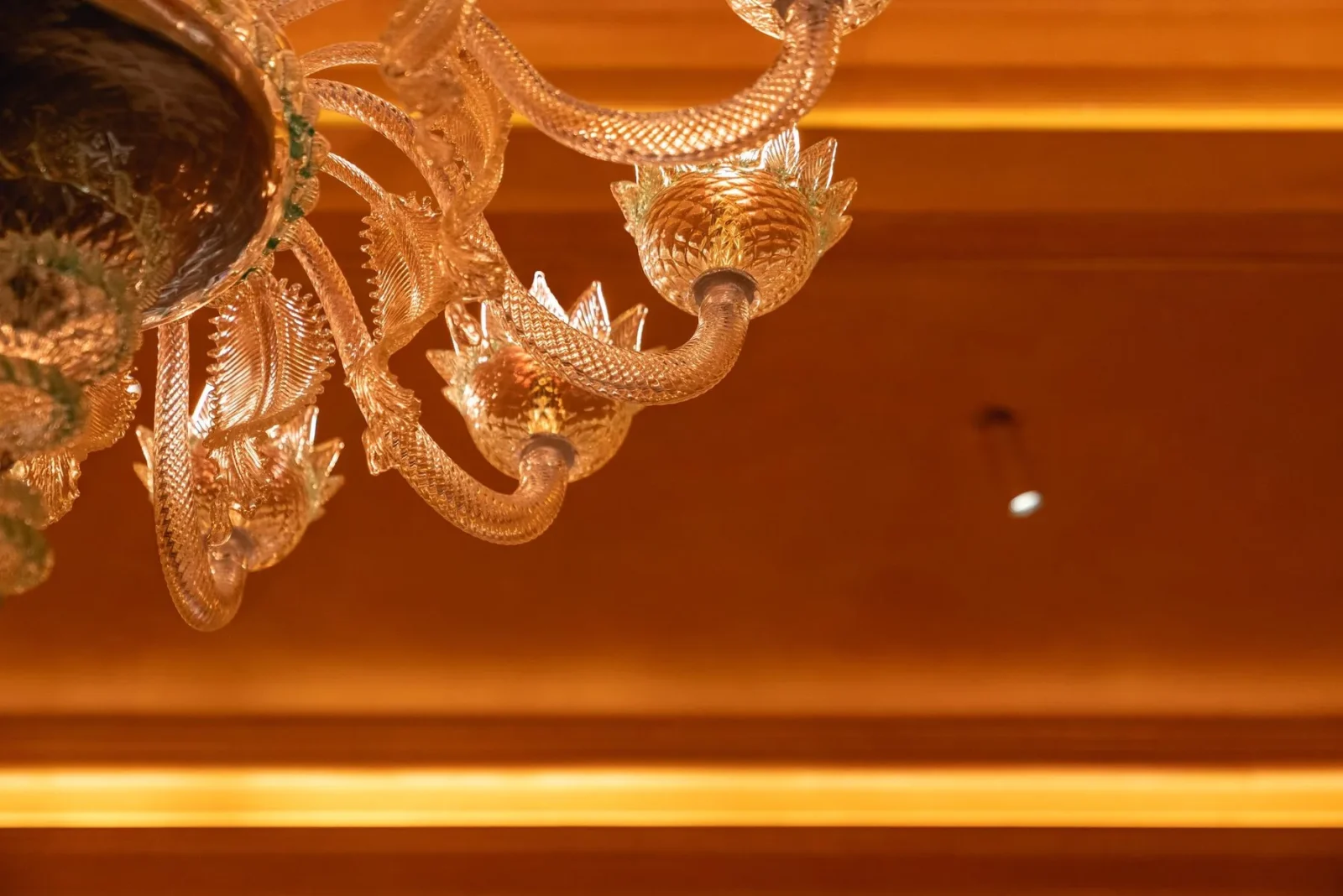 The curved, twisted glass arms of a Venetian chandelier against a warm amber ceiling at Scott’s in Richmond, London.