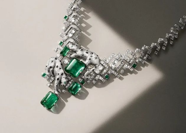 Panthère de Cartier high jewellery necklace with cabochon emeralds, pavé diamonds and onyx in white gold; Cartier's jewellery sales rose 24 percent in the quarter to 30 June 2026 while rough diamond prices fell.