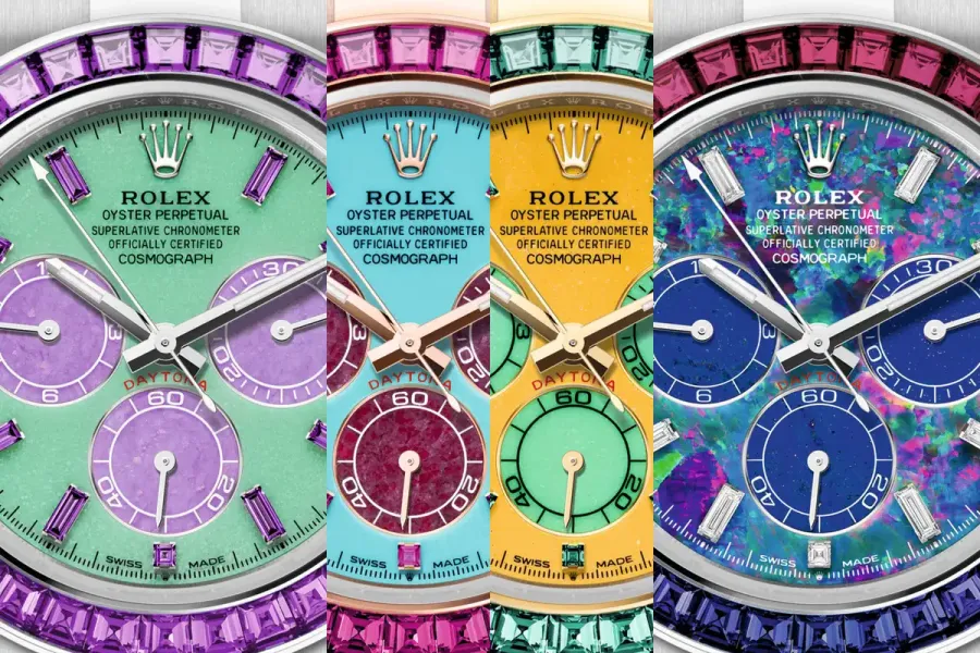 The dials of Rolex's Four Seasons Daytonas, from Spring to Winter. The four watches raised £37.3 million for charity at Phillips in London on 28 September 2026, about ten times the price Rolex first set for them. Courtesy of Rolex