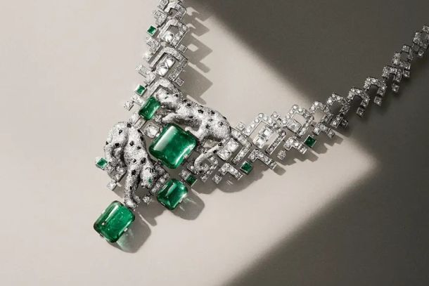 Panthère de Cartier high jewellery necklace with cabochon emeralds, pavé diamonds and onyx in white gold; Cartier's jewellery sales rose 24 percent in the quarter to 30 June 2026 while rough diamond prices fell.