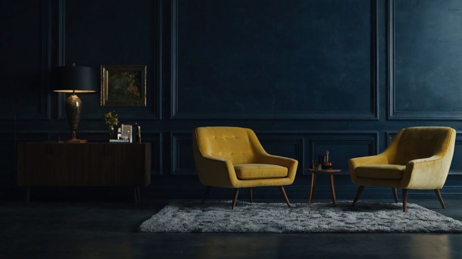 The Architecture of Stillness: Two iconic yellow armchairs set against a deep monolithic wall, translating the philosophical core of Silent Luxury and Well Living into spatial gravity.