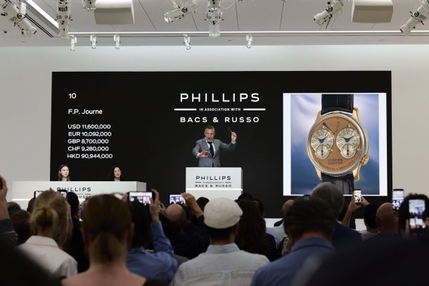 Saleroom shot from Phillips in Association with Bacs & Russo, spring 2026 season. Lot 10, the F.P. Journe Chronomètre à Résonance, on the rostrum as bidding passes ten million dollars. | Photo: In Courtesy of Phillips.