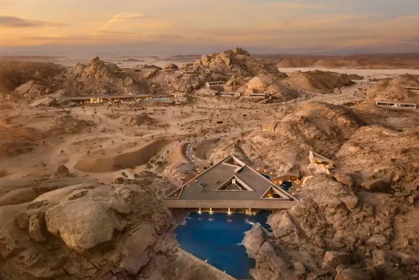 Carved into the granite massif: Desert Rock Resort, developed by Red Sea Global, achieved the world’s first DarkSky Approved Resort certification. | Photo: Courtesy of Red Sea Global / Oppenheim Architecture