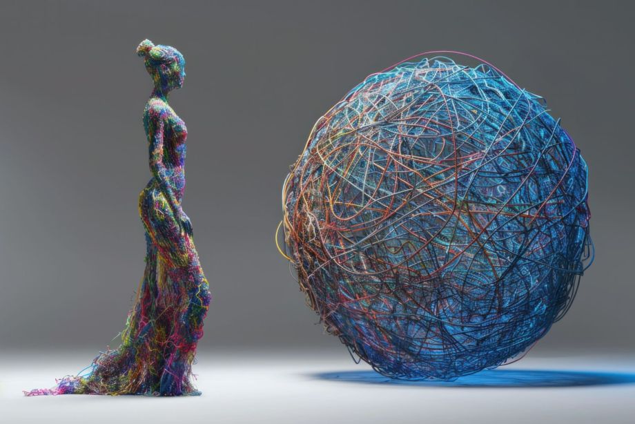 The form against the chaos. A figure woven into shape; a sphere of discarded threads beside her. The Couture Régénérative architecture in one image. | Photo: Magnific