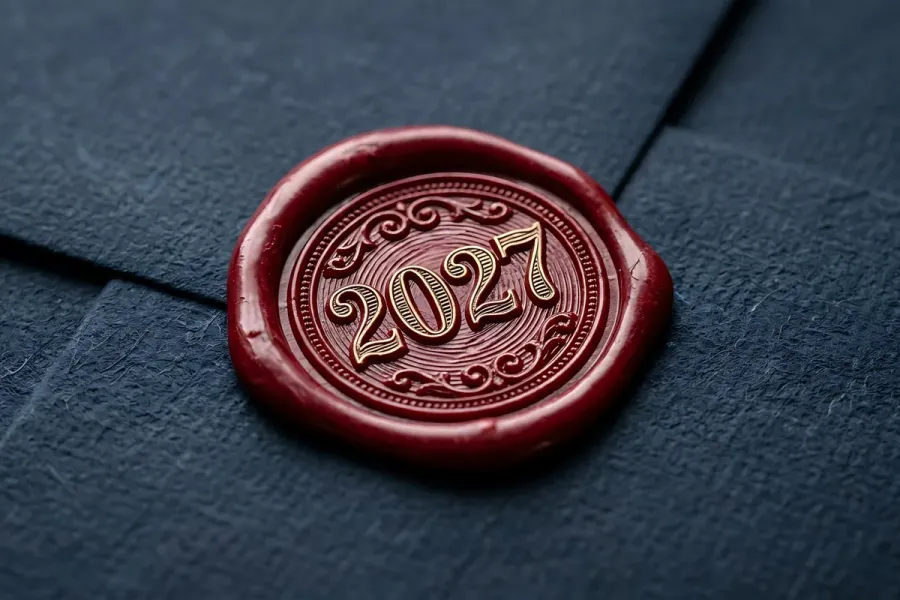 Header image for the reading on luxury trends 2027: a wax seal marked 2027 closes an invitation, as the houses grow through the clients who return for a second purchase. Photo: magnific.com