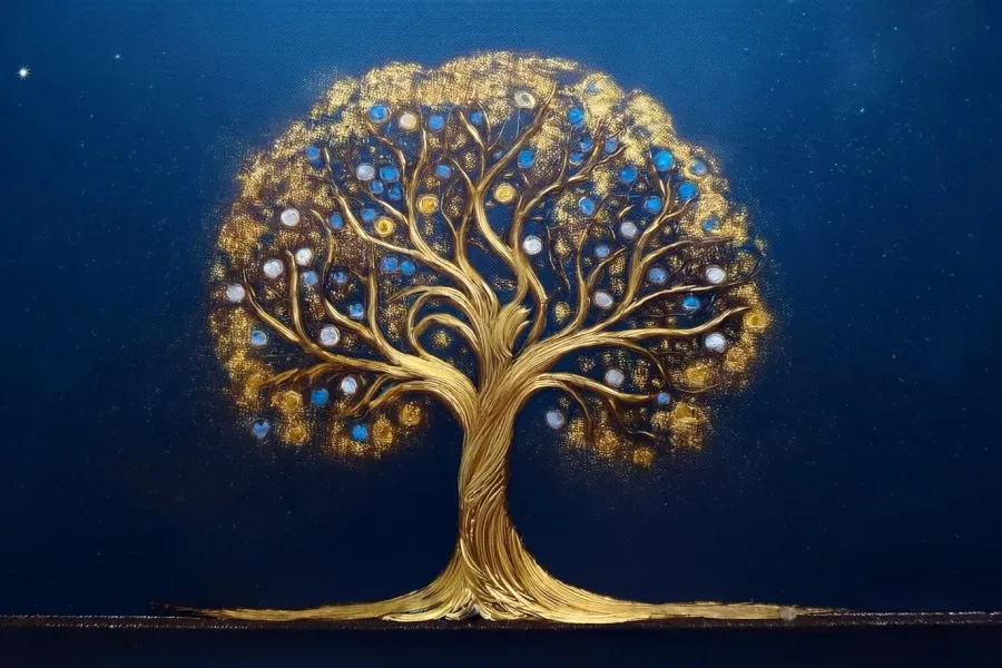 A golden tree with spreading branches and a crown of gold and blue against a night-blue ground A golden tree grows from its roots into a wide crown of gold and blue, the image for The Future of Luxury: value that grows over time and is handed on to the next generations.